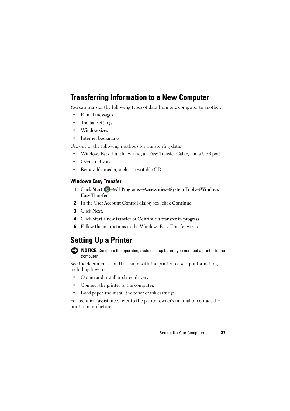 Transferring information to a new computer, Windows easy transfer, Setting up a printer | Dell Inspiron 1520 (Mid 2007) User Manual | Page 37 / 236