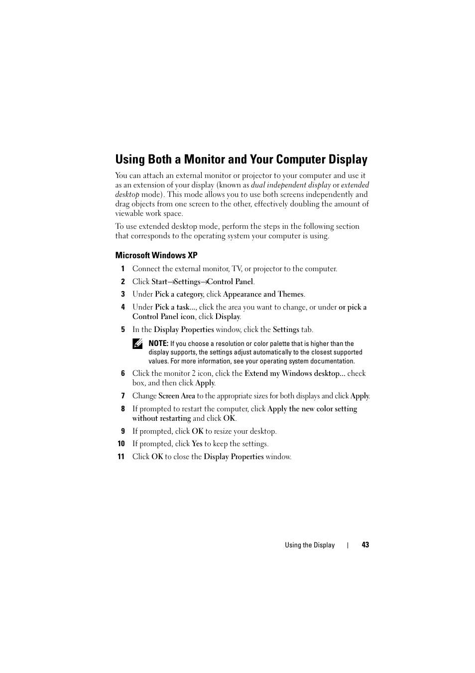 Using both a monitor and your computer display, Microsoft windows xp | Dell Inspiron 1520 (Mid 2007) User Manual | Page 43 / 236