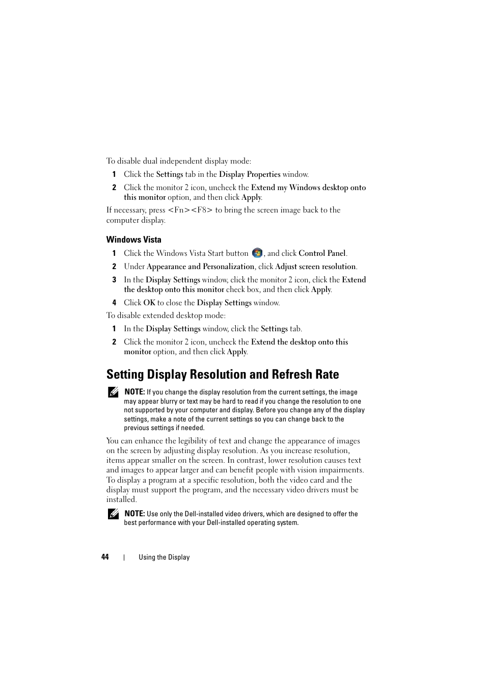 Windows vista, Setting display resolution and refresh rate | Dell Inspiron 1520 (Mid 2007) User Manual | Page 44 / 236