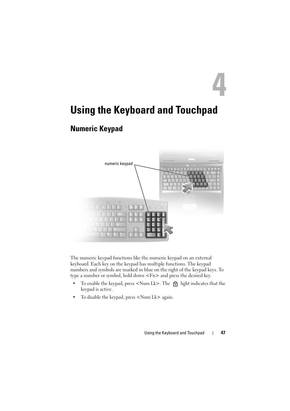 Using the keyboard and touchpad, Numeric keypad, See "using the keyboard | Dell Inspiron 1520 (Mid 2007) User Manual | Page 47 / 236