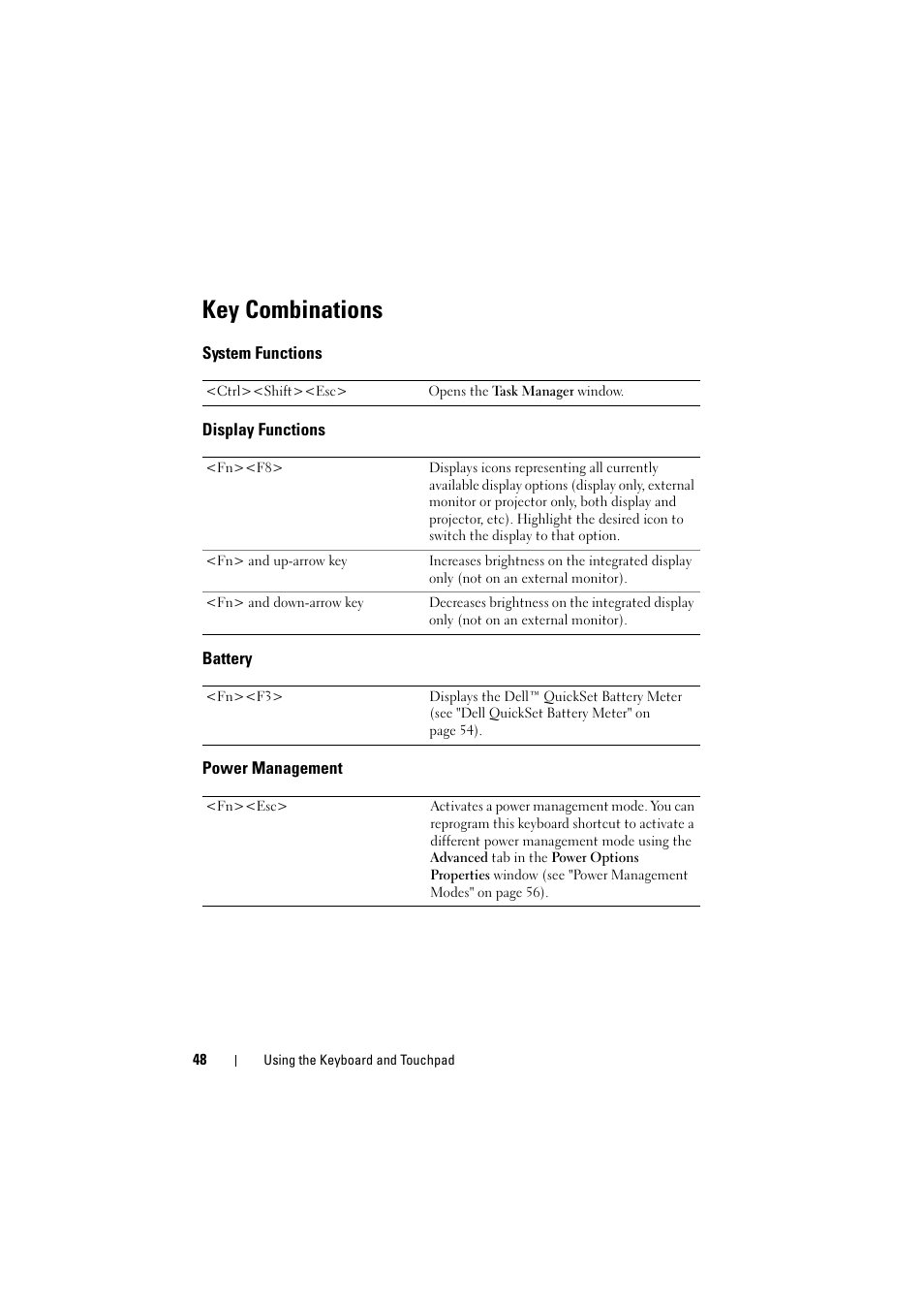 Key combinations, System functions, Display functions | Battery, Power management | Dell Inspiron 1520 (Mid 2007) User Manual | Page 48 / 236