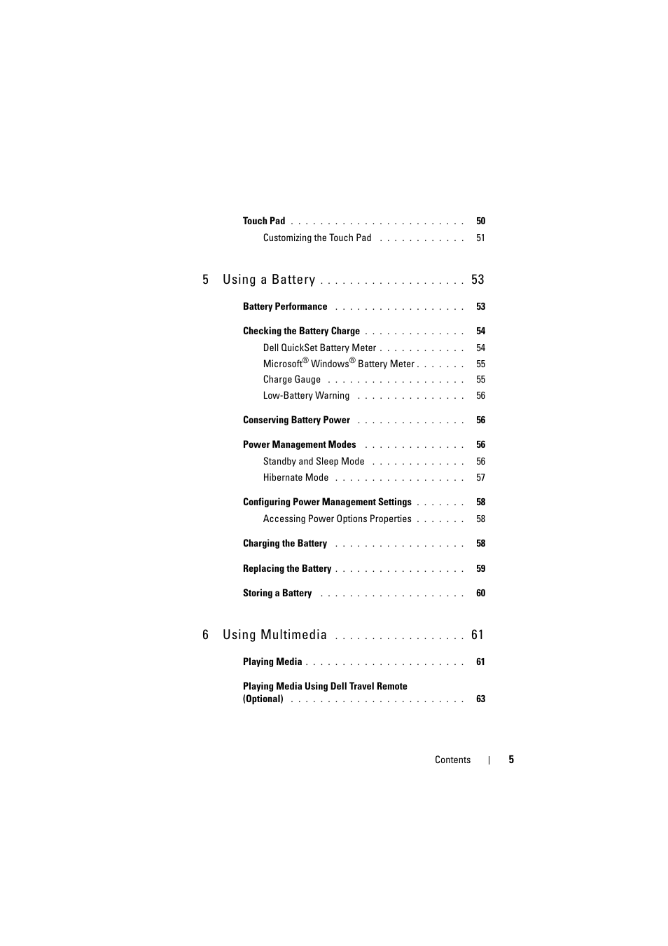 5using a battery, 6using multimedia | Dell Inspiron 1520 (Mid 2007) User Manual | Page 5 / 236