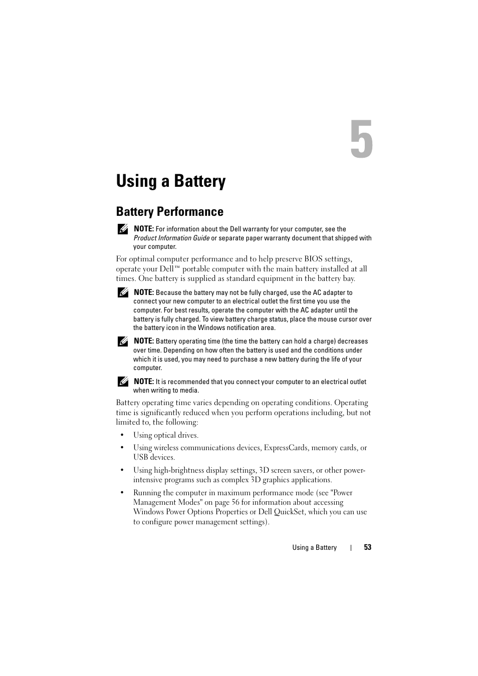 Using a battery, Battery performance | Dell Inspiron 1520 (Mid 2007) User Manual | Page 53 / 236