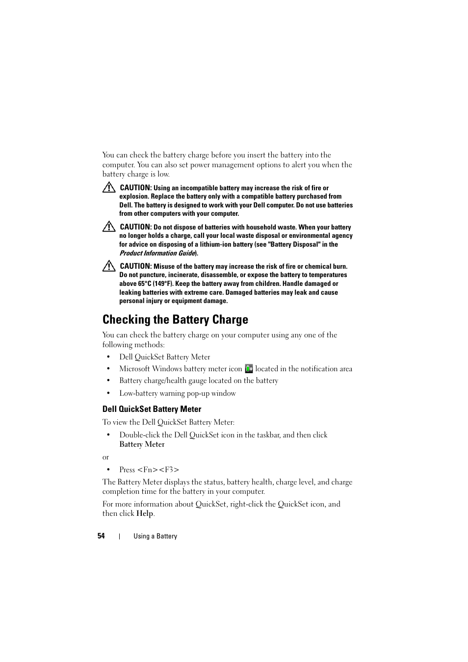 Checking the battery charge, Dell quickset battery meter | Dell Inspiron 1520 (Mid 2007) User Manual | Page 54 / 236