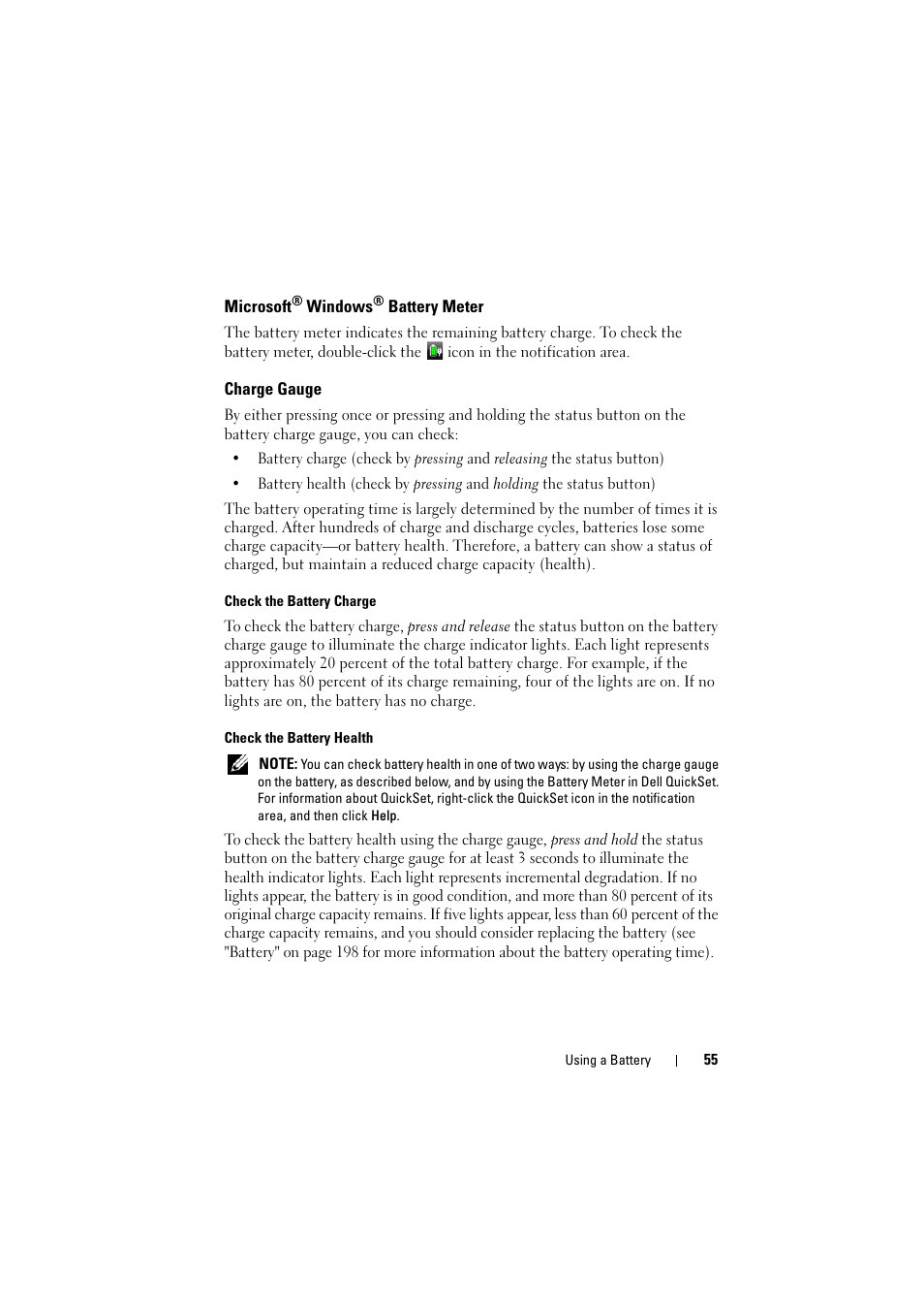 Microsoft® windows® battery meter, Charge gauge, Microsoft | Dell Inspiron 1520 (Mid 2007) User Manual | Page 55 / 236