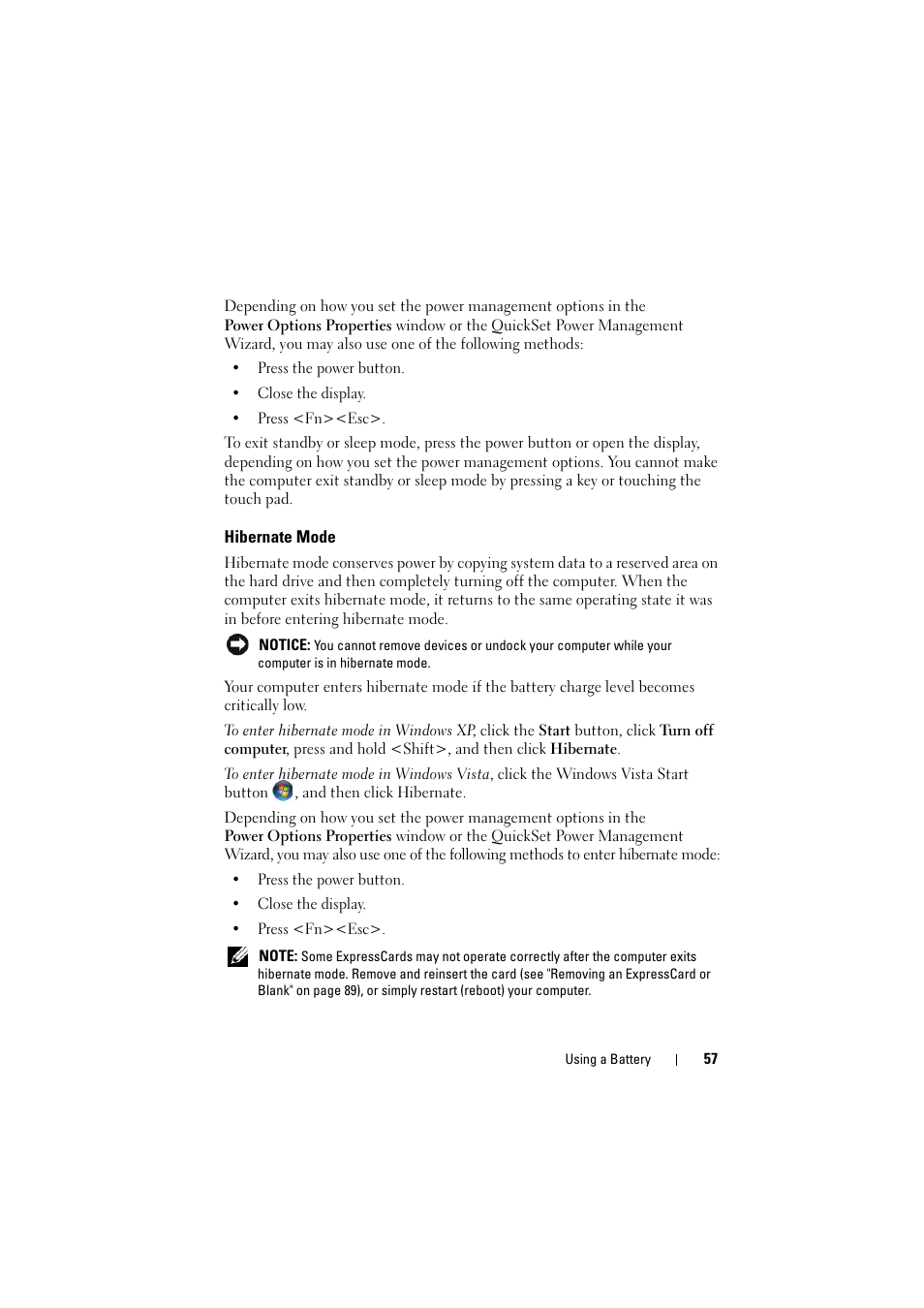 Hibernate mode | Dell Inspiron 1520 (Mid 2007) User Manual | Page 57 / 236