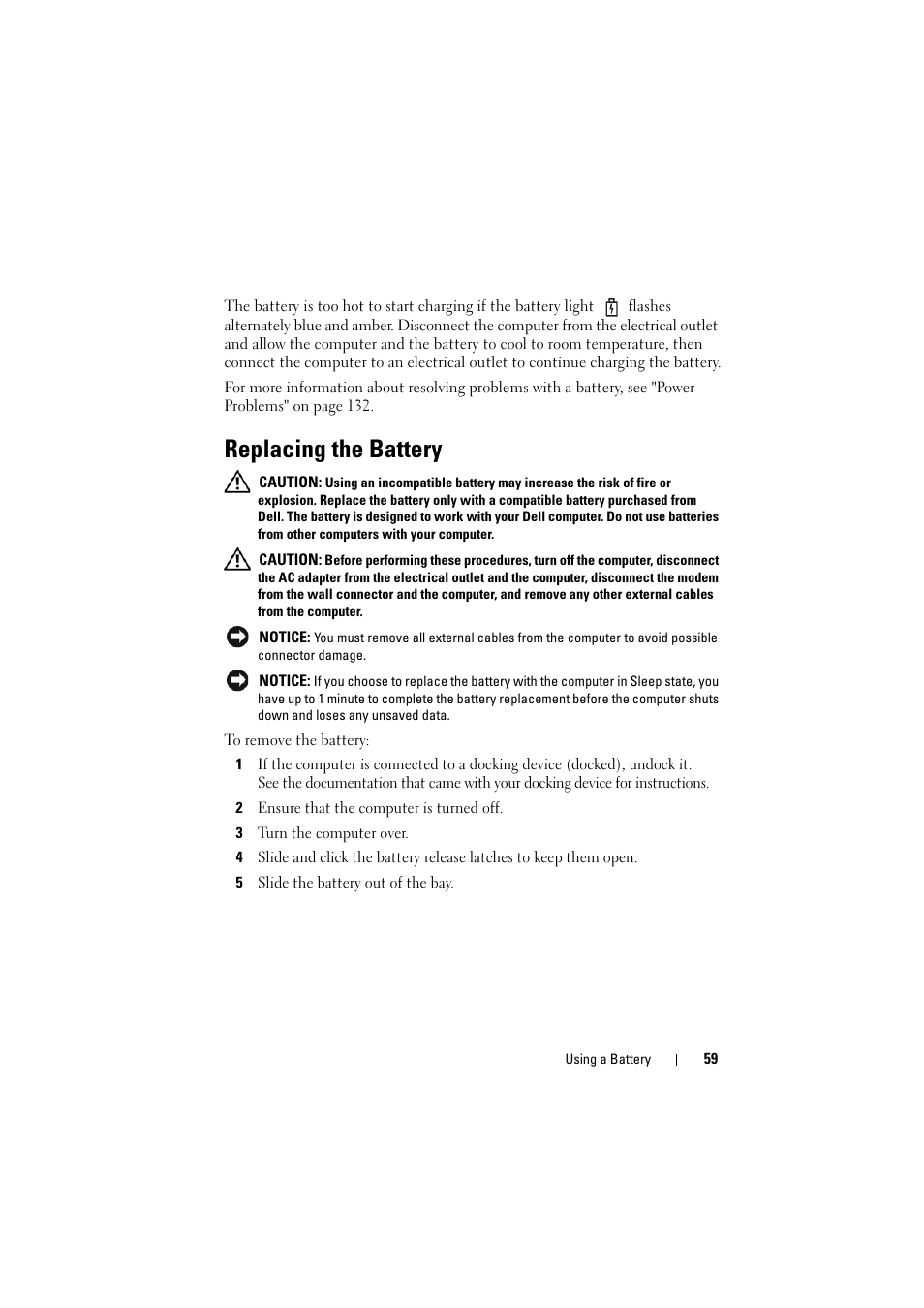 Replacing the battery, Releases the battery (see "replacing the battery | Dell Inspiron 1520 (Mid 2007) User Manual | Page 59 / 236