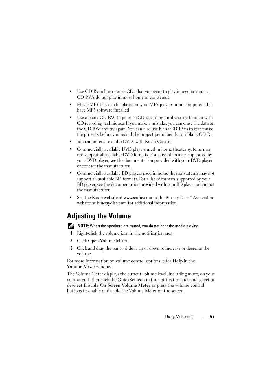 Adjusting the volume | Dell Inspiron 1520 (Mid 2007) User Manual | Page 67 / 236