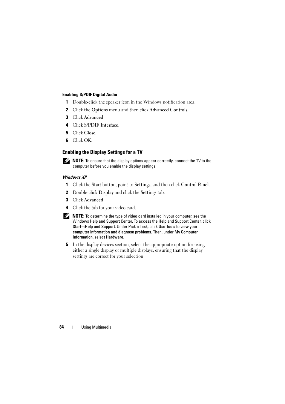 Enabling the display settings for a tv | Dell Inspiron 1520 (Mid 2007) User Manual | Page 84 / 236