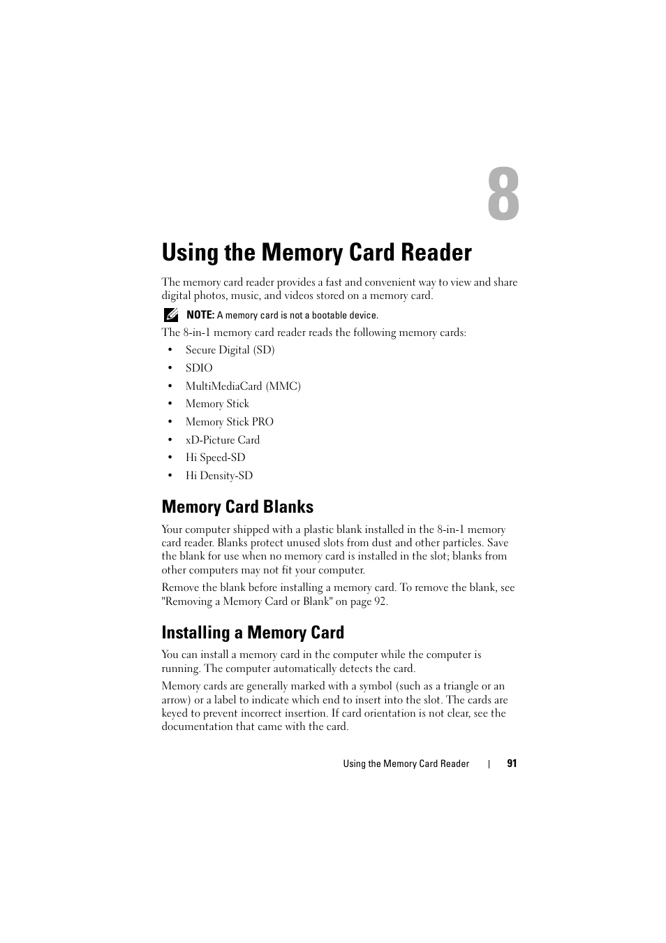 Using the memory card reader, Memory card blanks, Installing a memory card | Dell Inspiron 1520 (Mid 2007) User Manual | Page 91 / 236