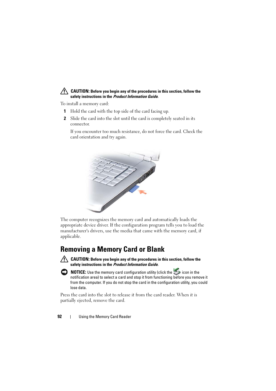 Removing a memory card or blank | Dell Inspiron 1520 (Mid 2007) User Manual | Page 92 / 236