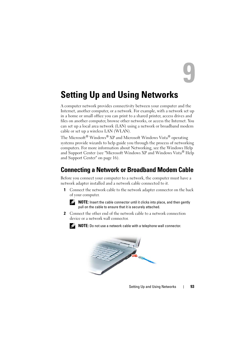 Setting up and using networks, Connecting a network or broadband modem cable | Dell Inspiron 1520 (Mid 2007) User Manual | Page 93 / 236