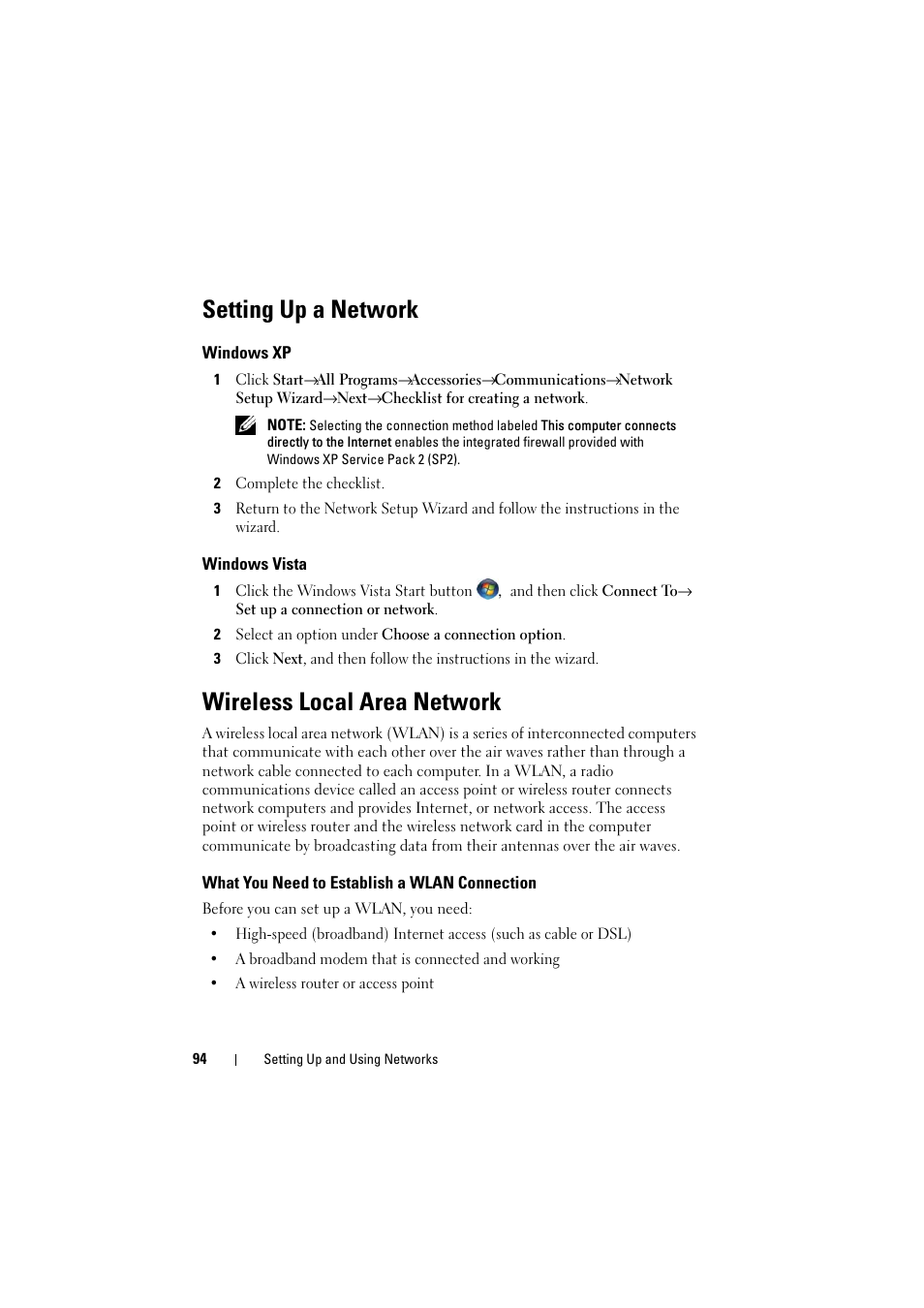 Setting up a network, Windows xp, Windows vista | Wireless local area network, What you need to establish a wlan connection | Dell Inspiron 1520 (Mid 2007) User Manual | Page 94 / 236