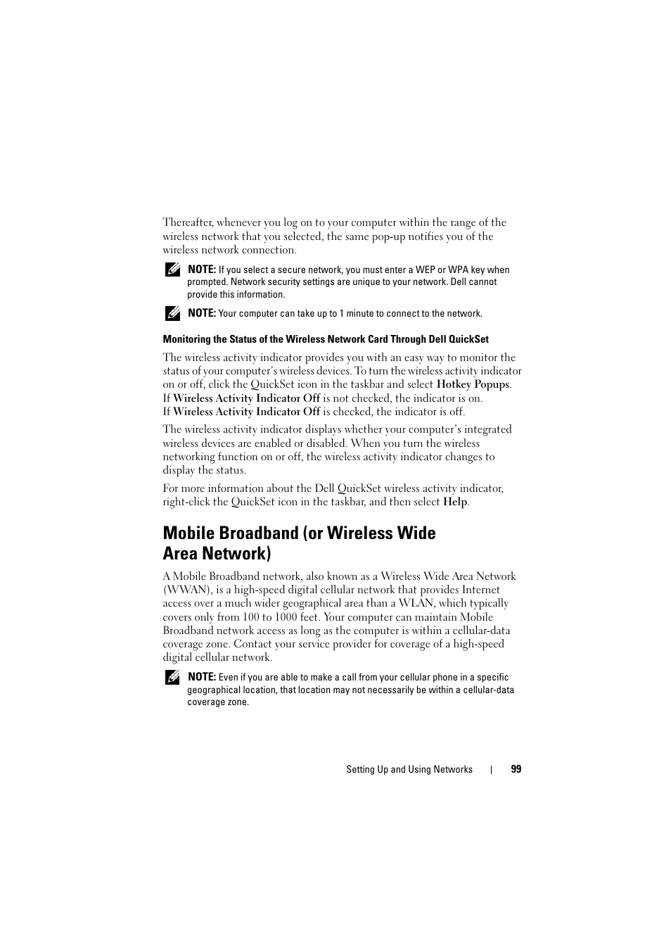 Mobile broadband (or wireless wide area network) | Dell Inspiron 1520 (Mid 2007) User Manual | Page 99 / 236