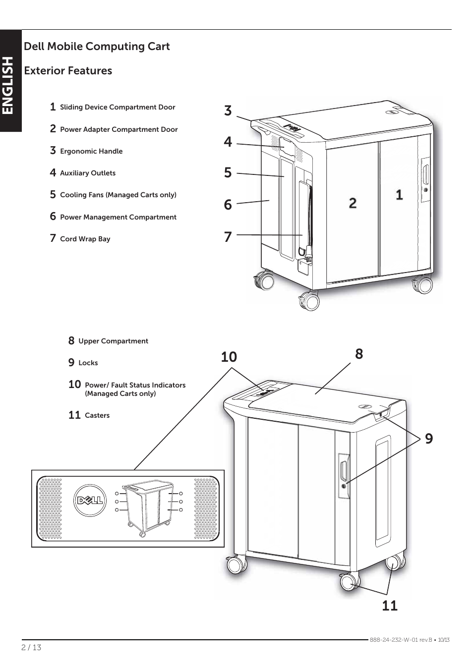 English, Dell mobile computing cart 8, Exterior features | Dell Mobile Computing Cart (Unmanaged) User Manual | Page 2 / 13