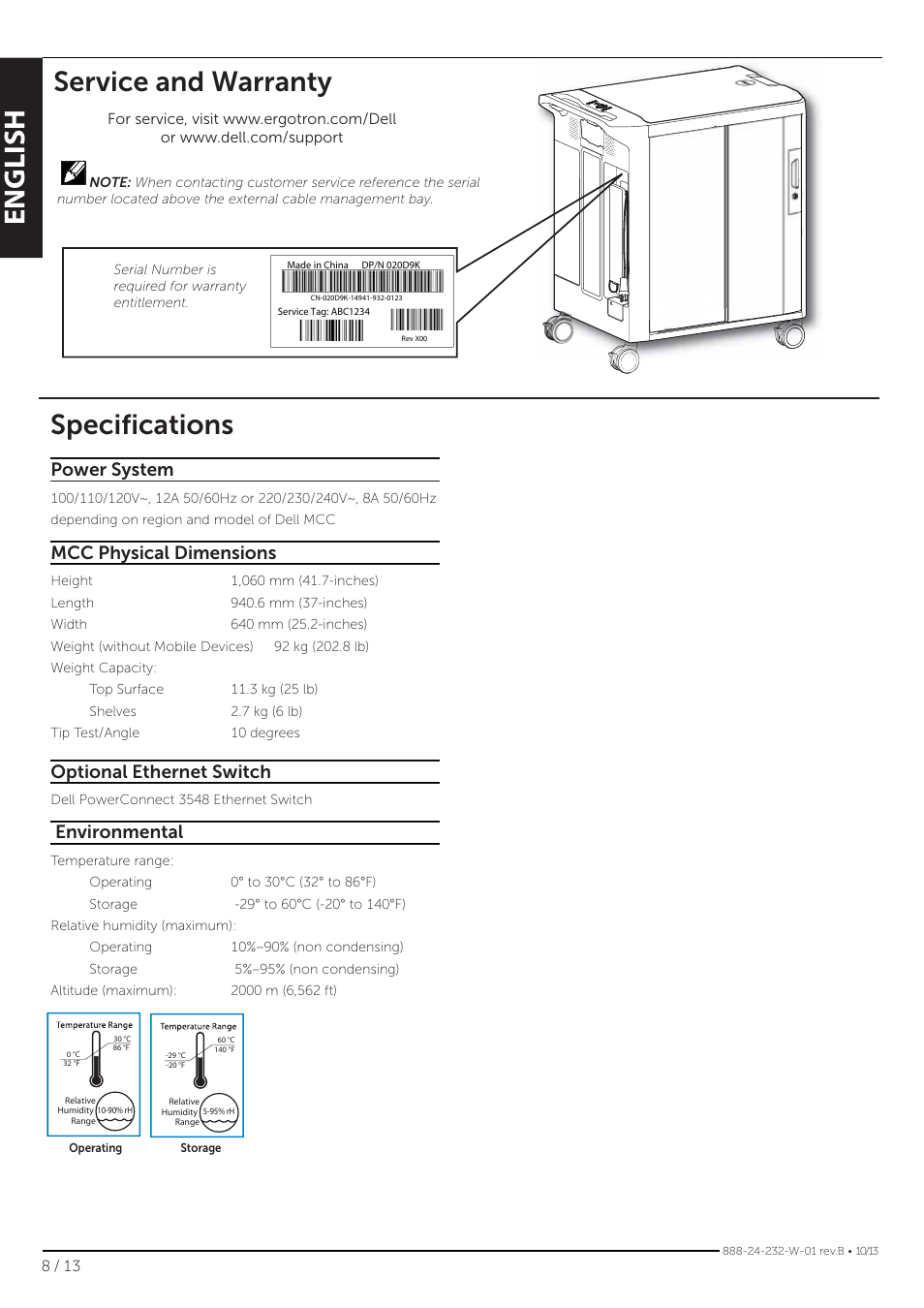 English, Service and warranty, Speciﬁ cations | Power system, Mcc physical dimensions, Optional ethernet switch, Environmental | Dell Mobile Computing Cart (Unmanaged) User Manual | Page 8 / 13