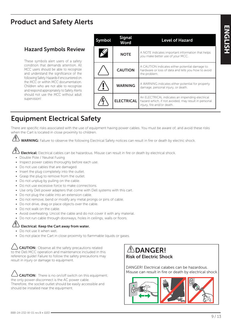 English, Product and safety alerts, Equipment electrical safety | Danger, Hazard symbols review | Dell Mobile Computing Cart (Unmanaged) User Manual | Page 9 / 13