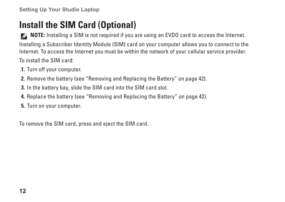 Install the sim card (optional) | Dell Studio 1558 (Early 2010) User Manual | Page 14 / 102