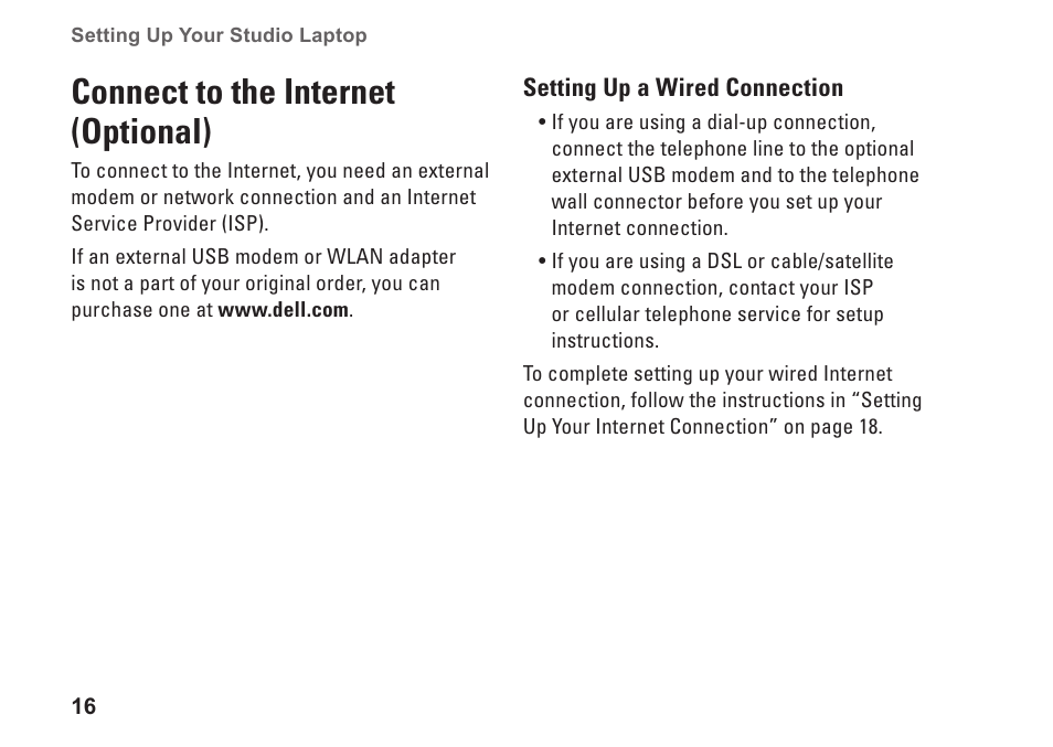 Connect to the internet (optional) | Dell Studio 1558 (Early 2010) User Manual | Page 18 / 102