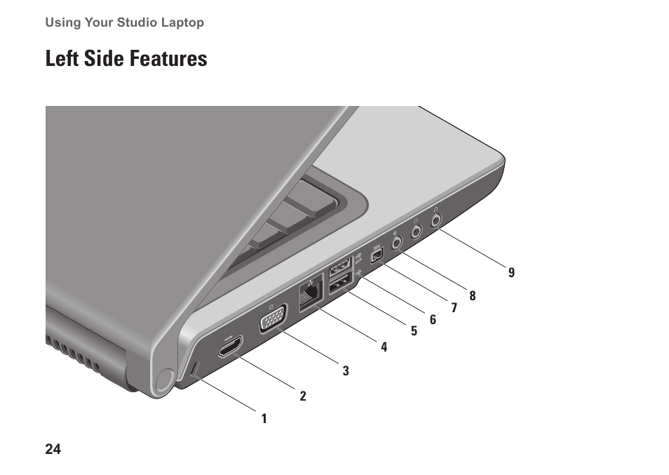 Left side features | Dell Studio 1558 (Early 2010) User Manual | Page 26 / 102