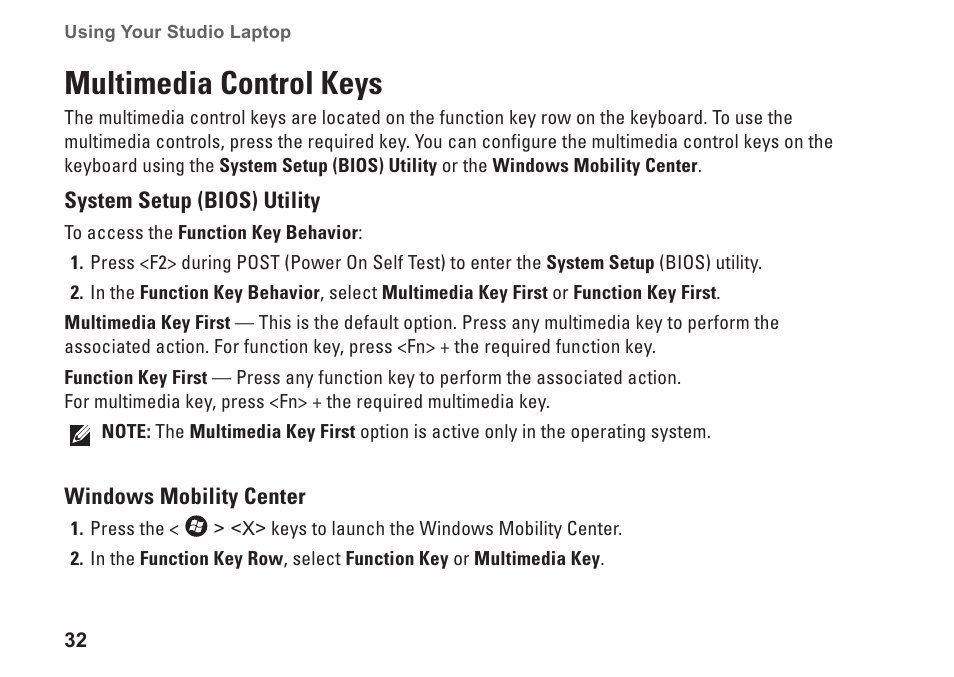 Multimedia control keys | Dell Studio 1558 (Early 2010) User Manual | Page 34 / 102