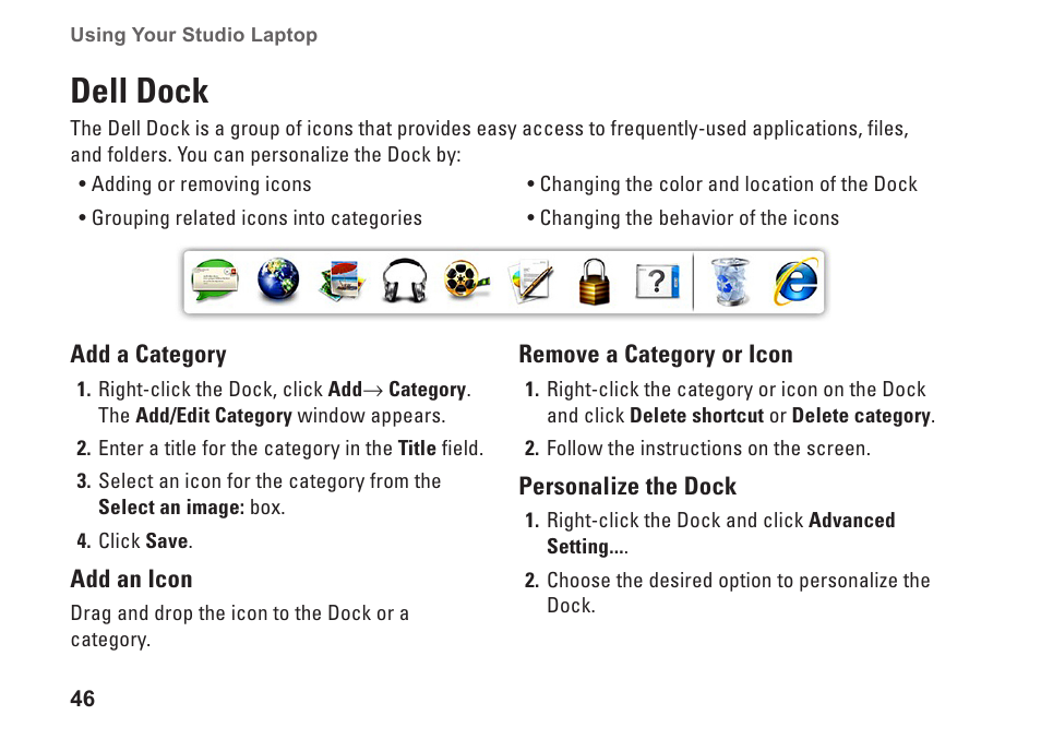 Dell dock | Dell Studio 1558 (Early 2010) User Manual | Page 48 / 102