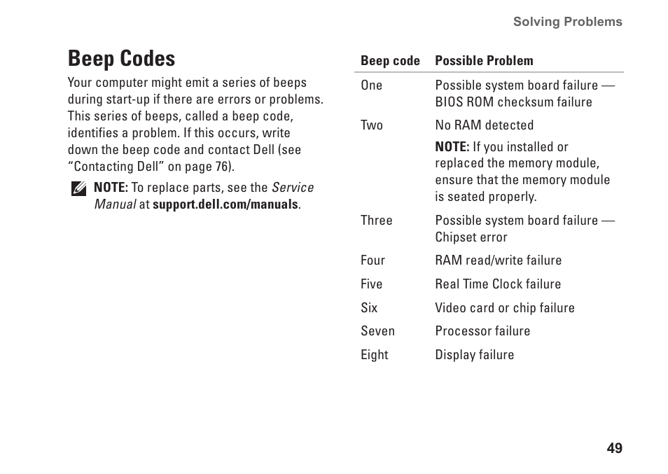 Beep codes | Dell Studio 1558 (Early 2010) User Manual | Page 51 / 102