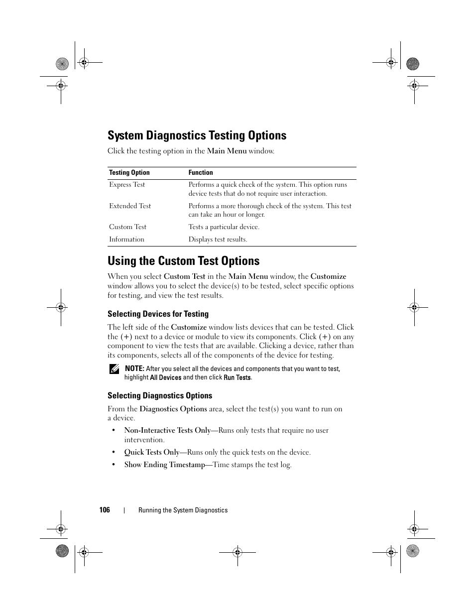 System diagnostics testing options, Using the custom test options, Selecting devices for testing | Selecting diagnostics options | Dell PowerVault NX3500 User Manual | Page 106 / 118