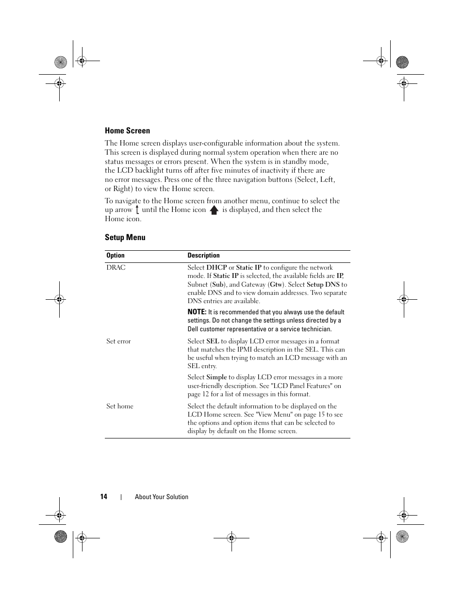 Home screen, Setup menu | Dell PowerVault NX3500 User Manual | Page 14 / 118