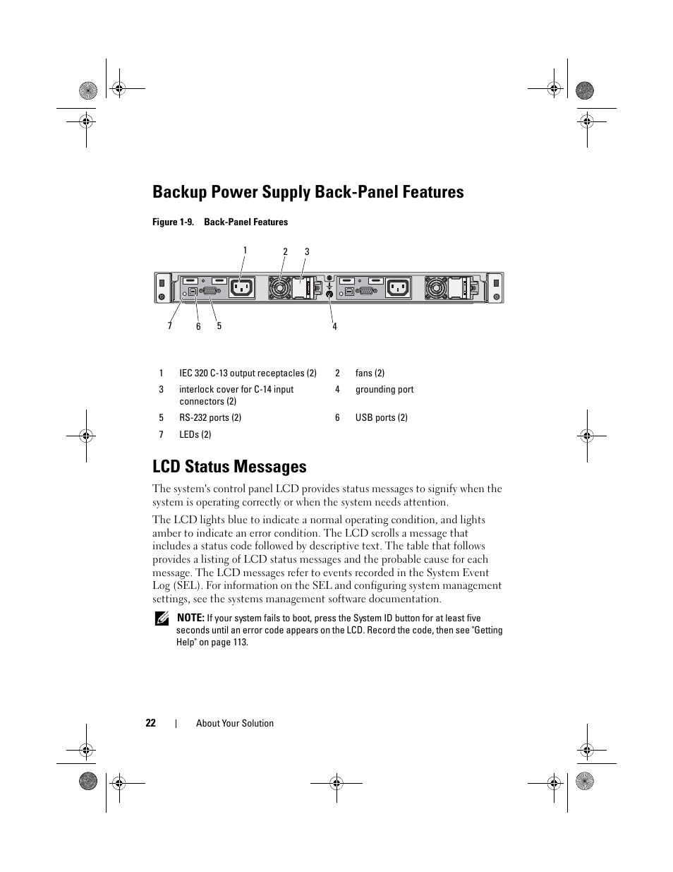 Backup power supply back-panel features, Lcd status messages | Dell PowerVault NX3500 User Manual | Page 22 / 118