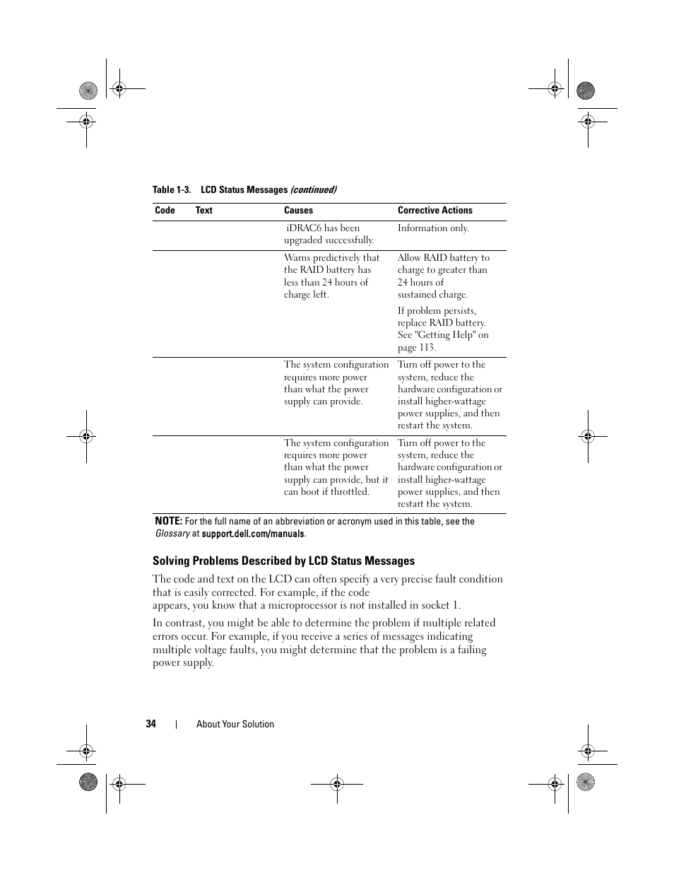 Solving problems described by lcd status messages, Solving problems described by lcd, Status messages | Dell PowerVault NX3500 User Manual | Page 34 / 118