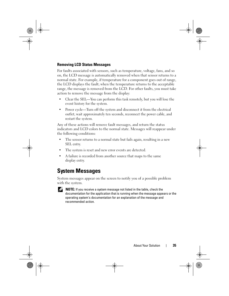 Removing lcd status messages, System messages | Dell PowerVault NX3500 User Manual | Page 35 / 118