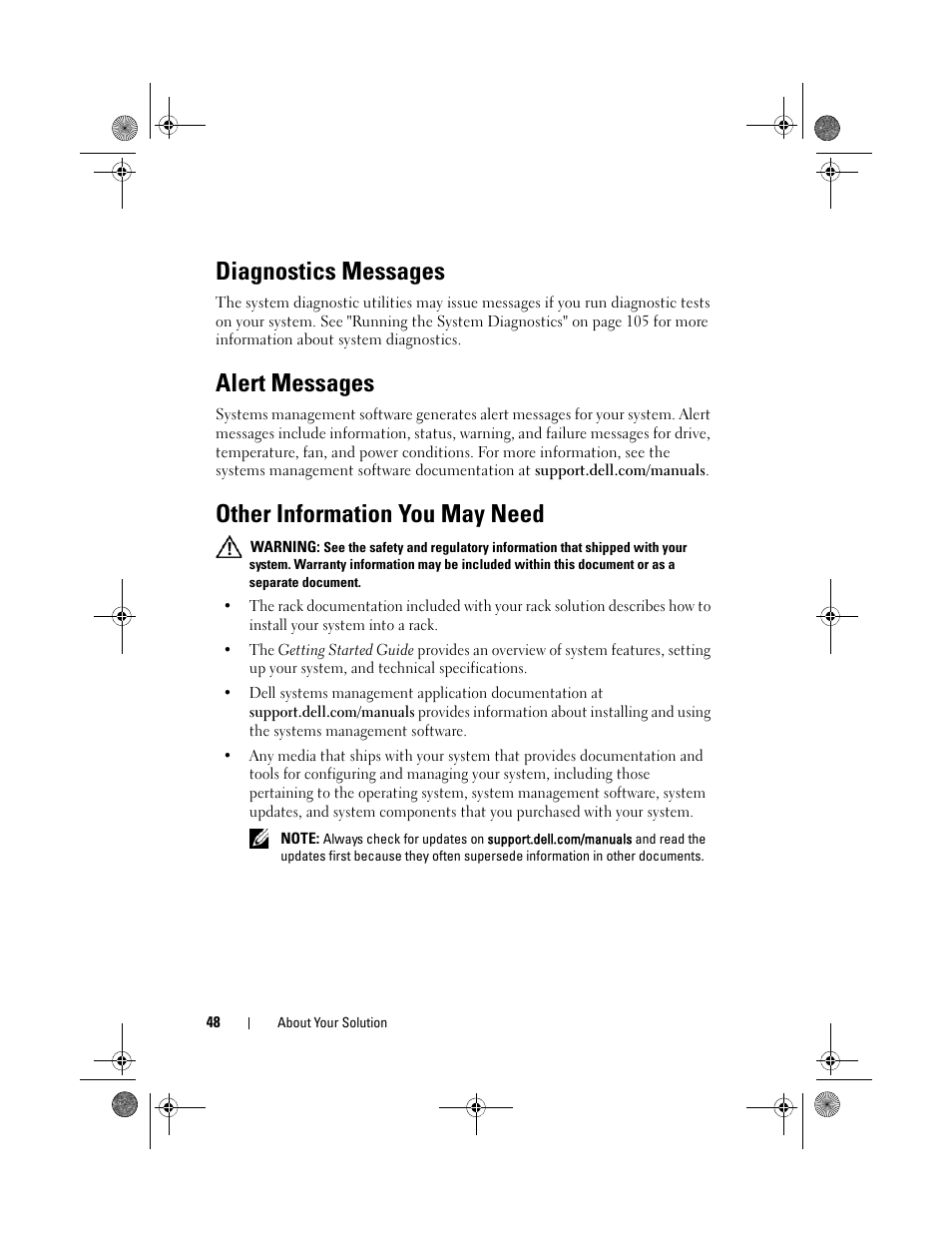 Diagnostics messages, Alert messages, Other information you may need | Dell PowerVault NX3500 User Manual | Page 48 / 118