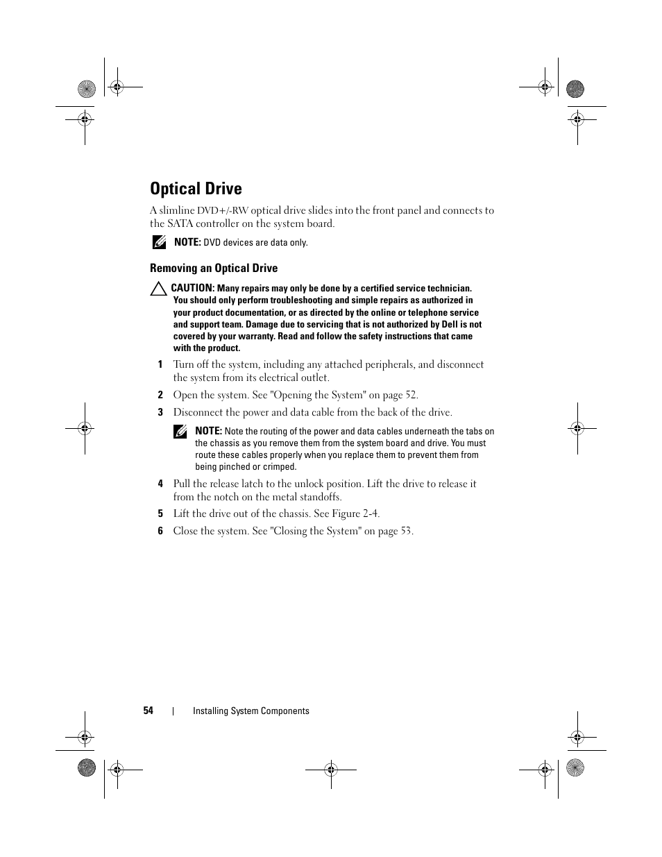 Optical drive, Removing an optical drive | Dell PowerVault NX3500 User Manual | Page 54 / 118