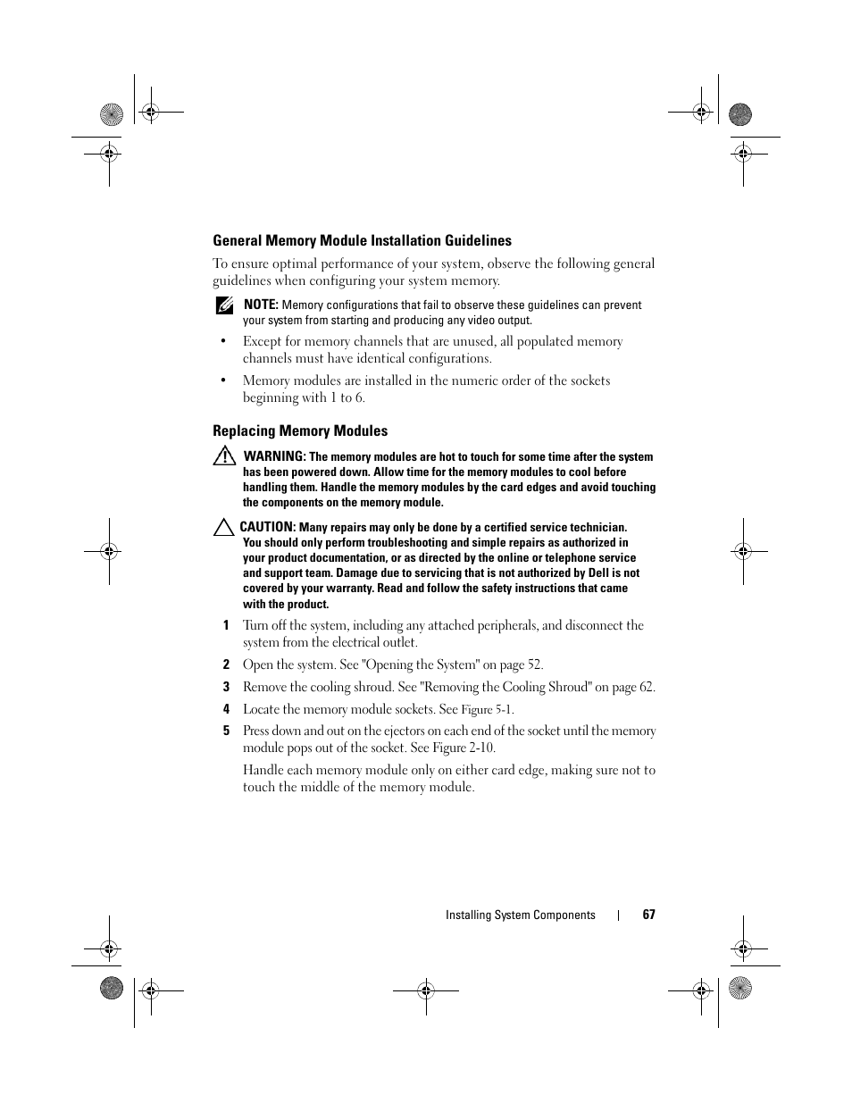General memory module installation guidelines, Replacing memory modules, General memory module installation | Guidelines, General memory module, Installation guidelines" on, General memory, Module installation | Dell PowerVault NX3500 User Manual | Page 67 / 118