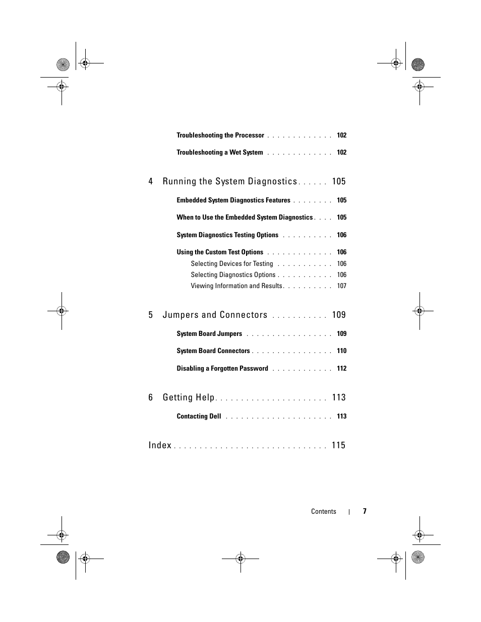 4 running the system diagnostics, 5 jumpers and connectors, 6 getting help | Index | Dell PowerVault NX3500 User Manual | Page 7 / 118