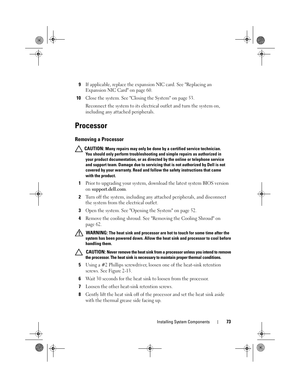 Processor, Removing a processor | Dell PowerVault NX3500 User Manual | Page 73 / 118