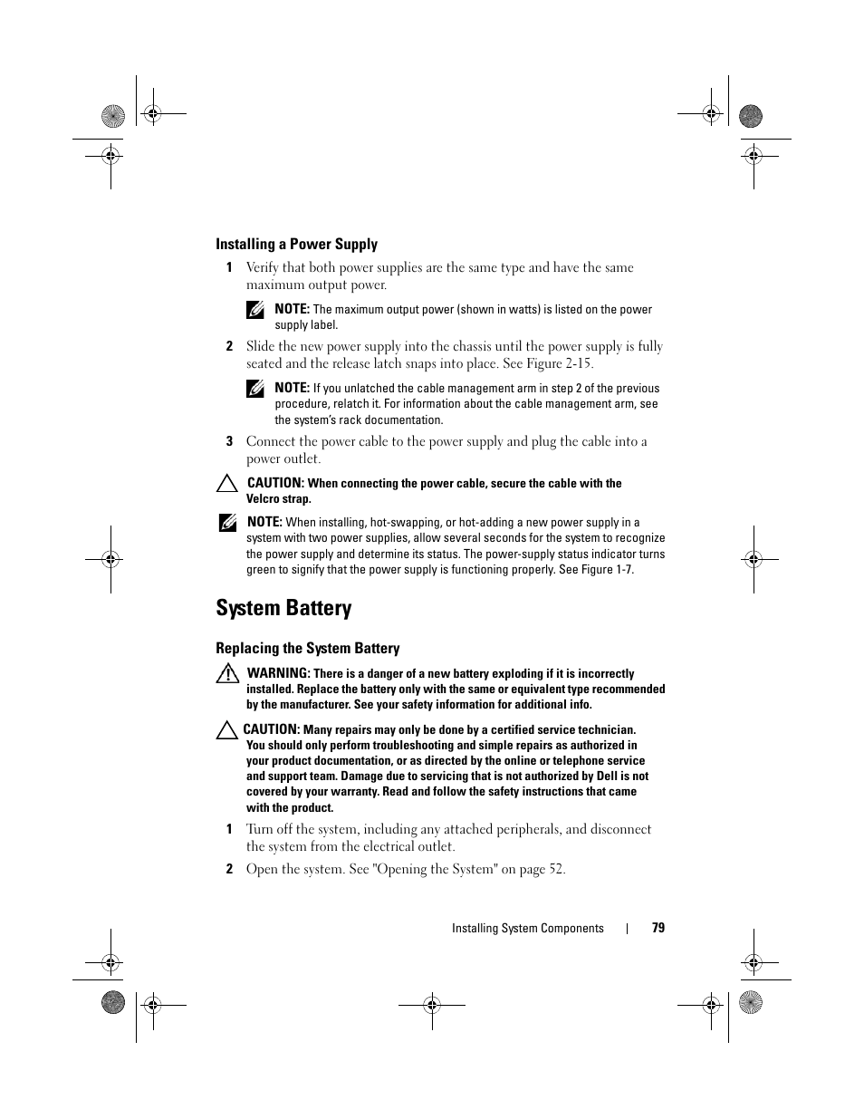 Installing a power supply, System battery, Replacing the system battery | See "system battery | Dell PowerVault NX3500 User Manual | Page 79 / 118