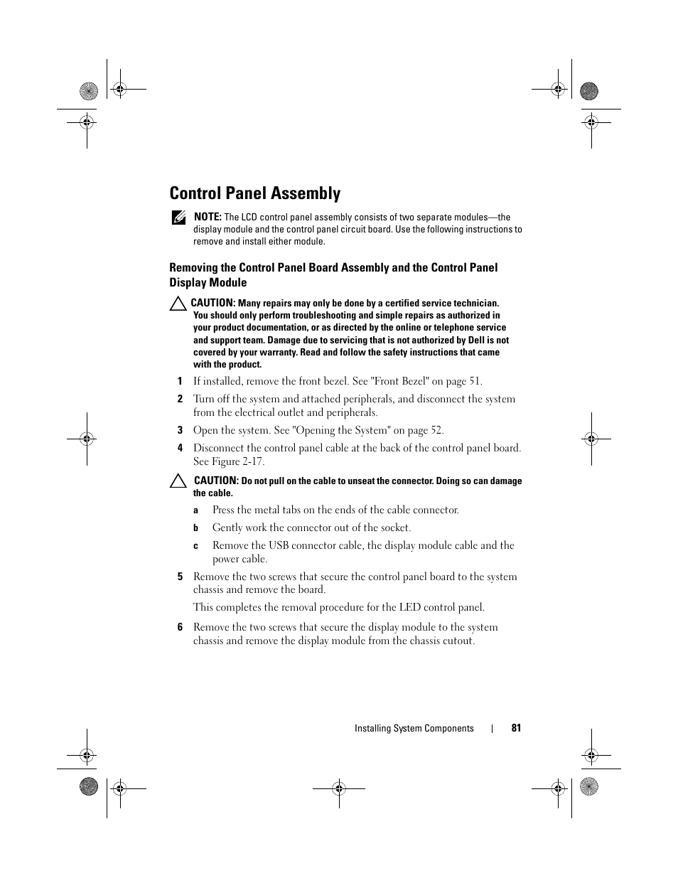 Control panel assembly, Removing the control panel board assembly, And the control panel display module | Control panel | Dell PowerVault NX3500 User Manual | Page 81 / 118