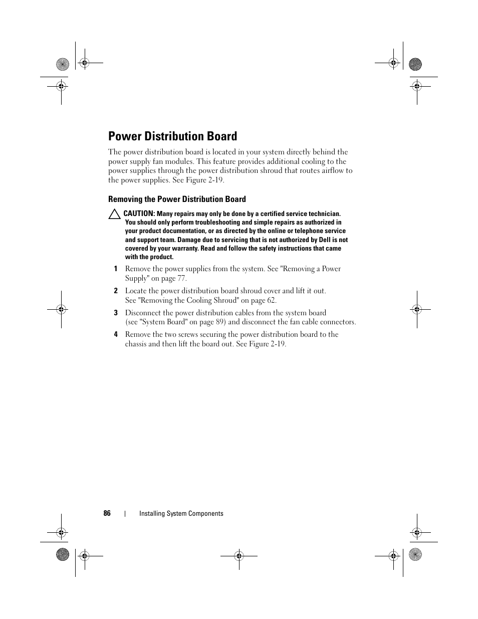 Power distribution board, Removing the power distribution board | Dell PowerVault NX3500 User Manual | Page 86 / 118