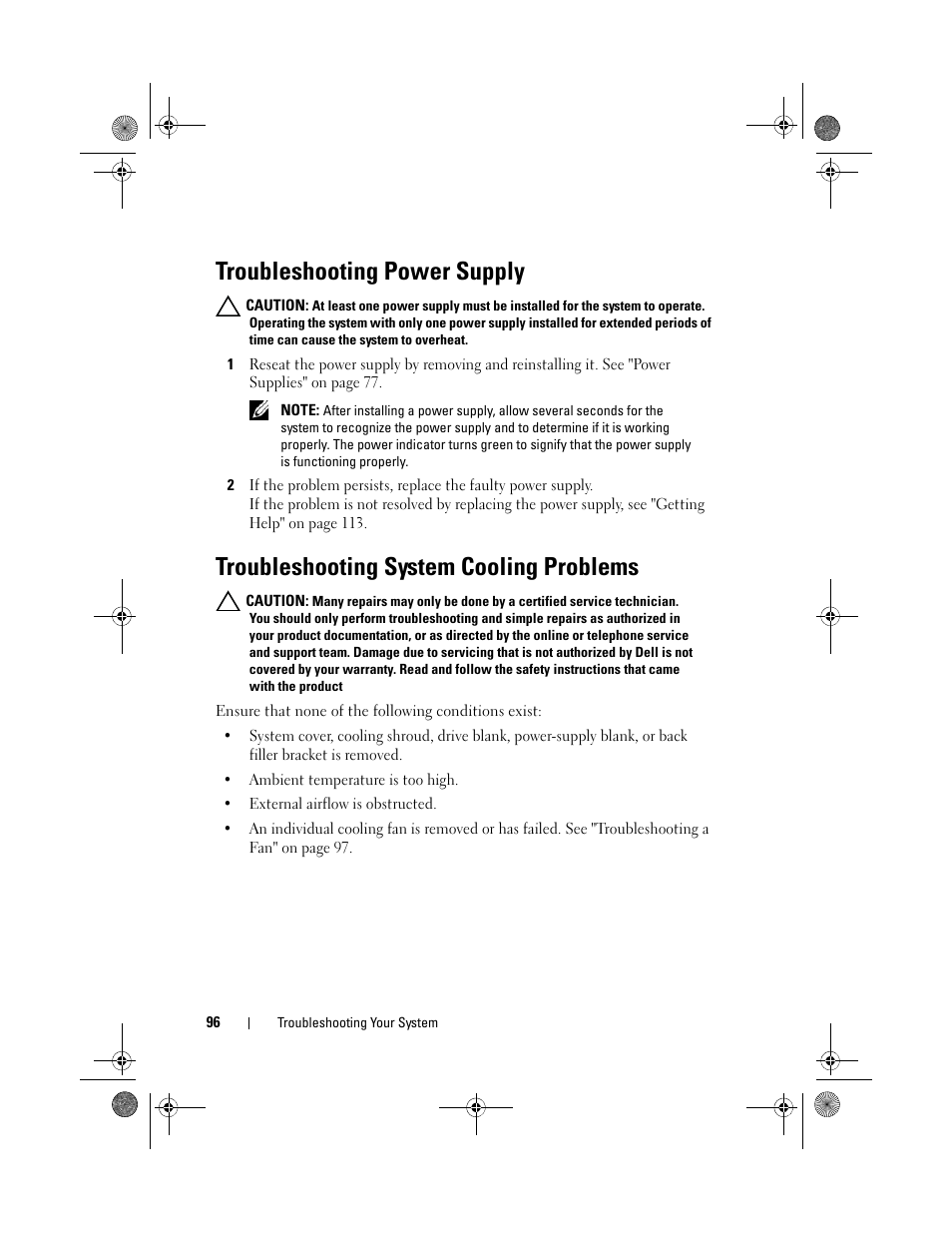 Troubleshooting power supply, Troubleshooting system cooling problems, E "troubleshooting | System cooling, Troubleshooting system, Cooling problems" on, See "troubleshooting, And "troubleshooting, Power supply" on, Troubleshooting power | Dell PowerVault NX3500 User Manual | Page 96 / 118
