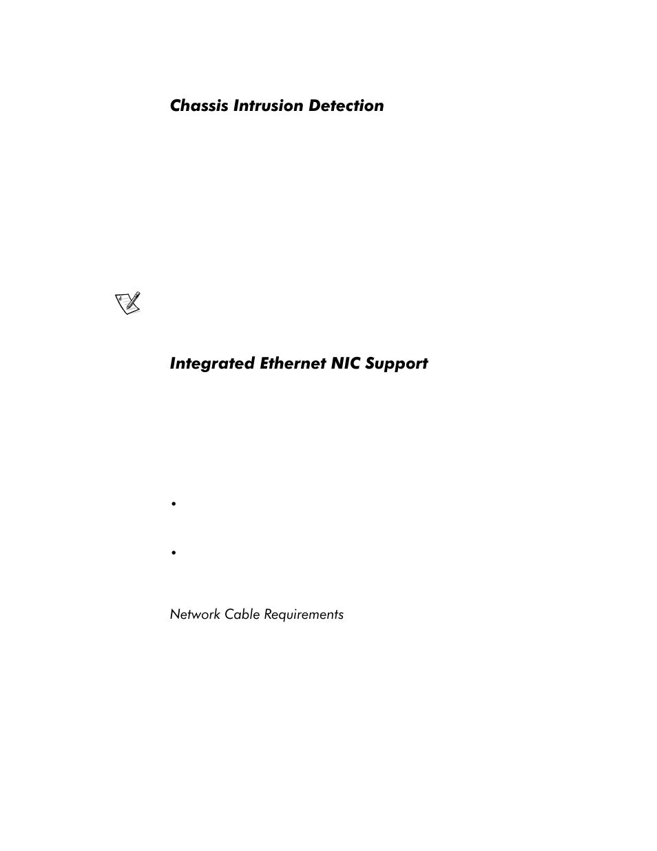 Chassis intrusion detection, Integrated ethernet nic support, Network cable requirements | Chassis intrusion detection -4, Integrated ethernet nic support -4, Network cable requirements -4, Kdvvlv,qwuxvlrq'hwhfwlrq, Qwhjudwhg(wkhuqhw1,&6xssruw | Dell OptiPlex E1 User Manual | Page 12 / 76