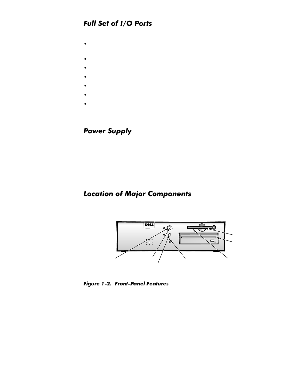 Full set of i/o ports, Power supply, Location of major components | Full set of i/o ports -5, Power supply -5, Location of major components -5, Figure 1-2. front-panel features -5, Xoo6hwri,23ruwv, 3rzhu6xsso, Rfdwlrqri0dmru&rpsrqhqwv | Dell OptiPlex E1 User Manual | Page 13 / 76