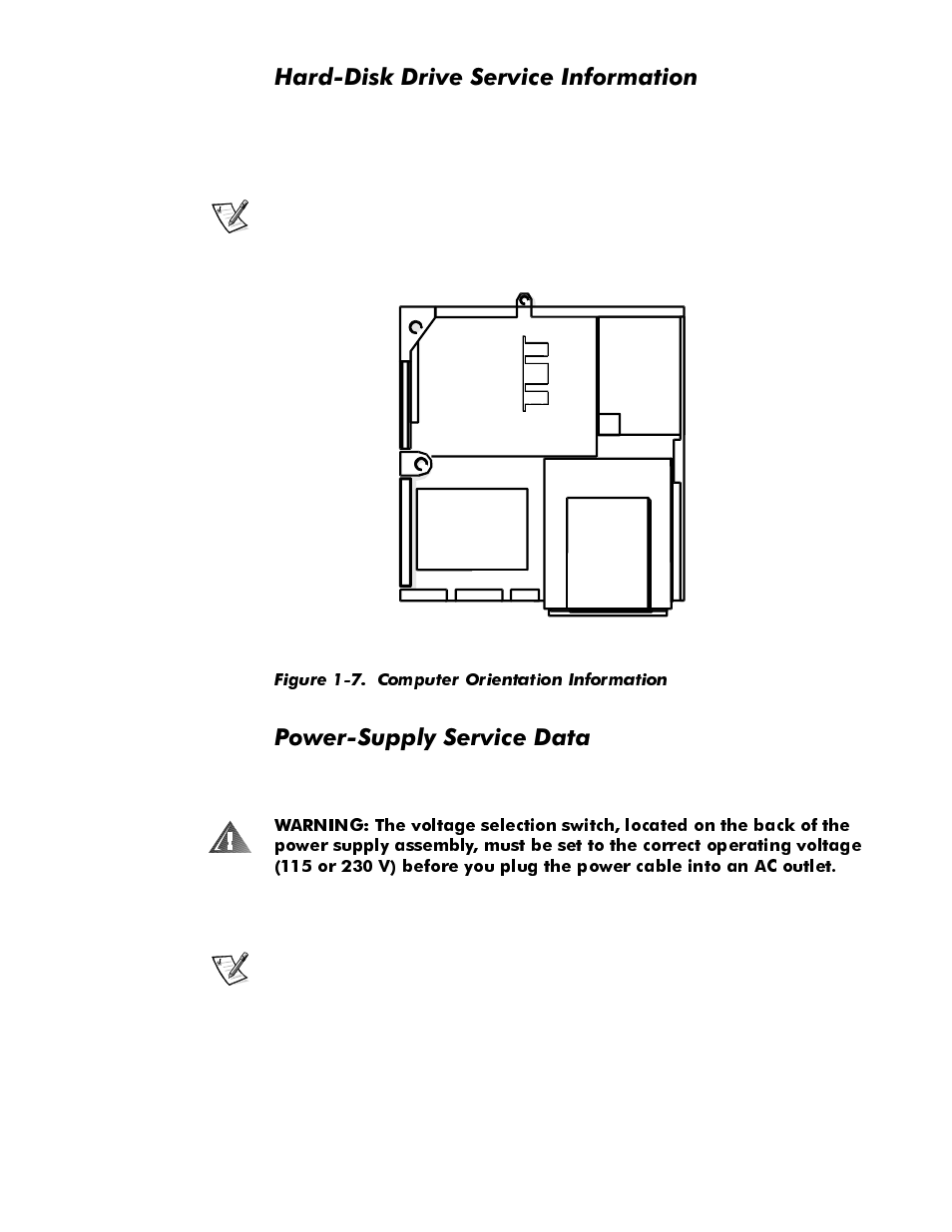 Hard-disk drive service information, Power-supply service data, Hard-disk drive service information -13 | Power-supply service data -13, Figure 1-7. computer orientation information -13, Dug'lvn'ulyh6huylfh,qirupdwlrq, 3rzhu6xsso\6huylfh'dwd | Dell OptiPlex E1 User Manual | Page 21 / 76