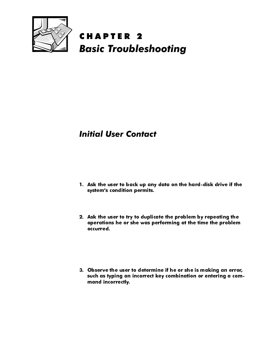 Basic troubleshooting, Initial user contact, Kdswhu | Dvlf7urxeohvkrrwlqj, Initial user contact -1, Qlwldo8vhu&rqwdfw | Dell OptiPlex E1 User Manual | Page 31 / 76