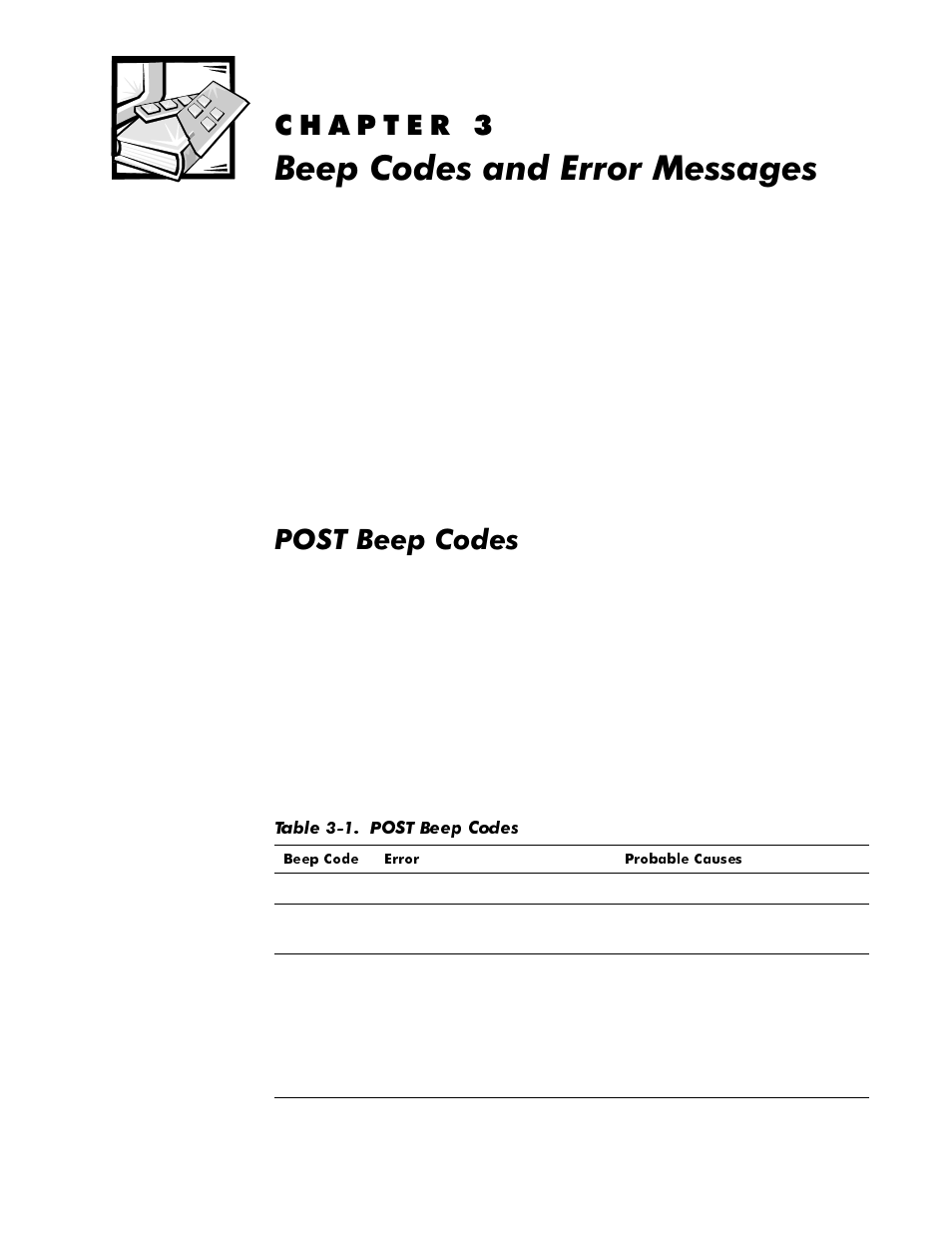 Beep codes and error messages, Post beep codes, Kdswhu | Hhs&rghvdqg(uuru0hvvdjhv, Post beep codes -1, Table 3-1, 3267%hhs&rghv | Dell OptiPlex E1 User Manual | Page 39 / 76