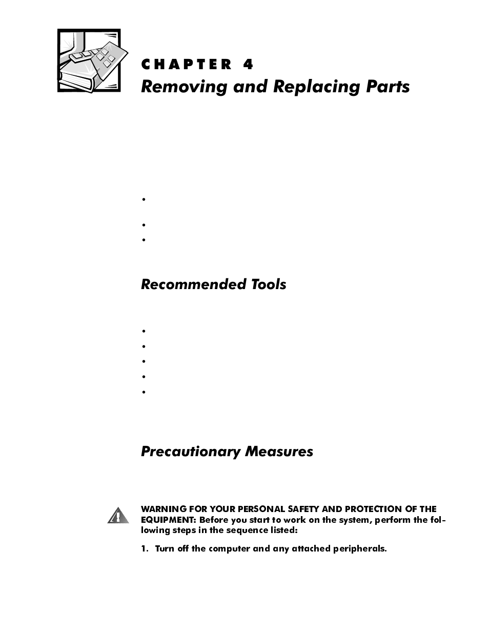 Removing and replacing parts, Recommended tools, Precautionary measures | Kdswhu, 5hprylqjdqg5hsodflqj3duwv, Recommended tools -1, Precautionary measures -1, 5hfrpphqghg7rrov, 3uhfdxwlrqdu\0hdvxuhv | Dell OptiPlex E1 User Manual | Page 47 / 76