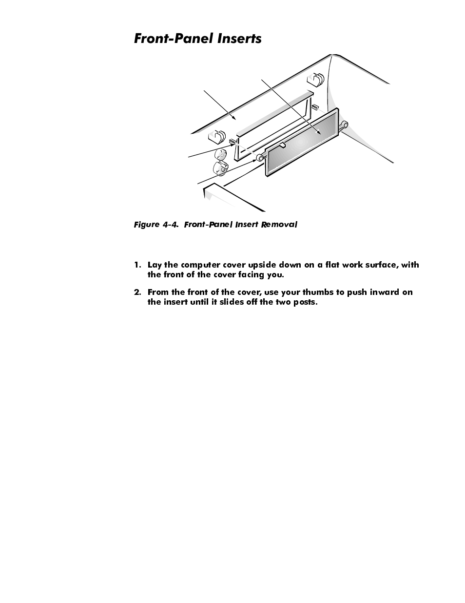 Front-panel inserts, Front-panel inserts -5, Figure 4-4. front-panel insert removal -5 | Urqw3dqho,qvhuwv | Dell OptiPlex E1 User Manual | Page 51 / 76