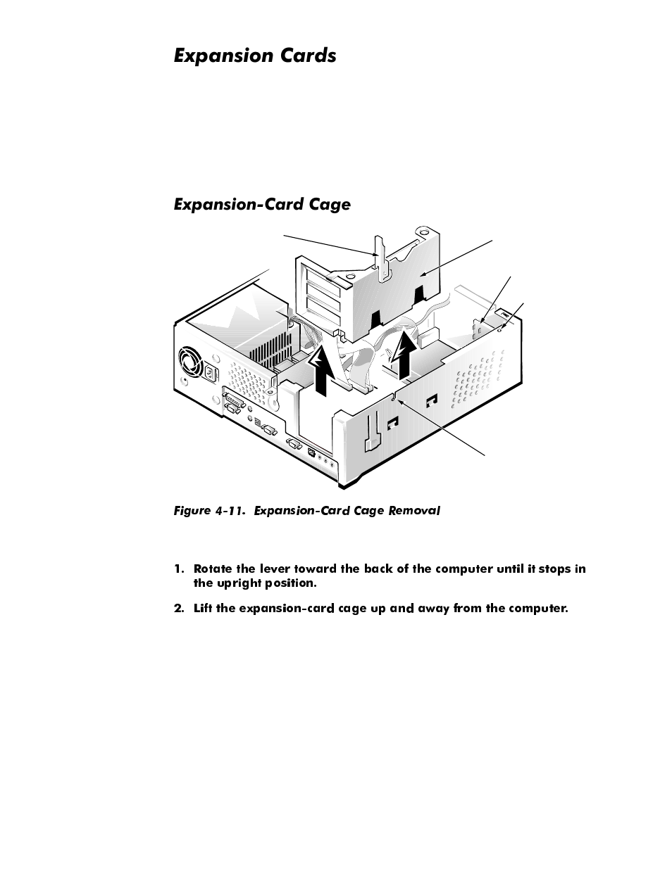 Expansion cards, Expansion-card cage, Expansion cards -12 | Expansion-card cage -12, Figure 4-11. expansion-card cage removal -12, Sdqvlrq&dugv, Sdqvlrq&dug&djh | Dell OptiPlex E1 User Manual | Page 58 / 76