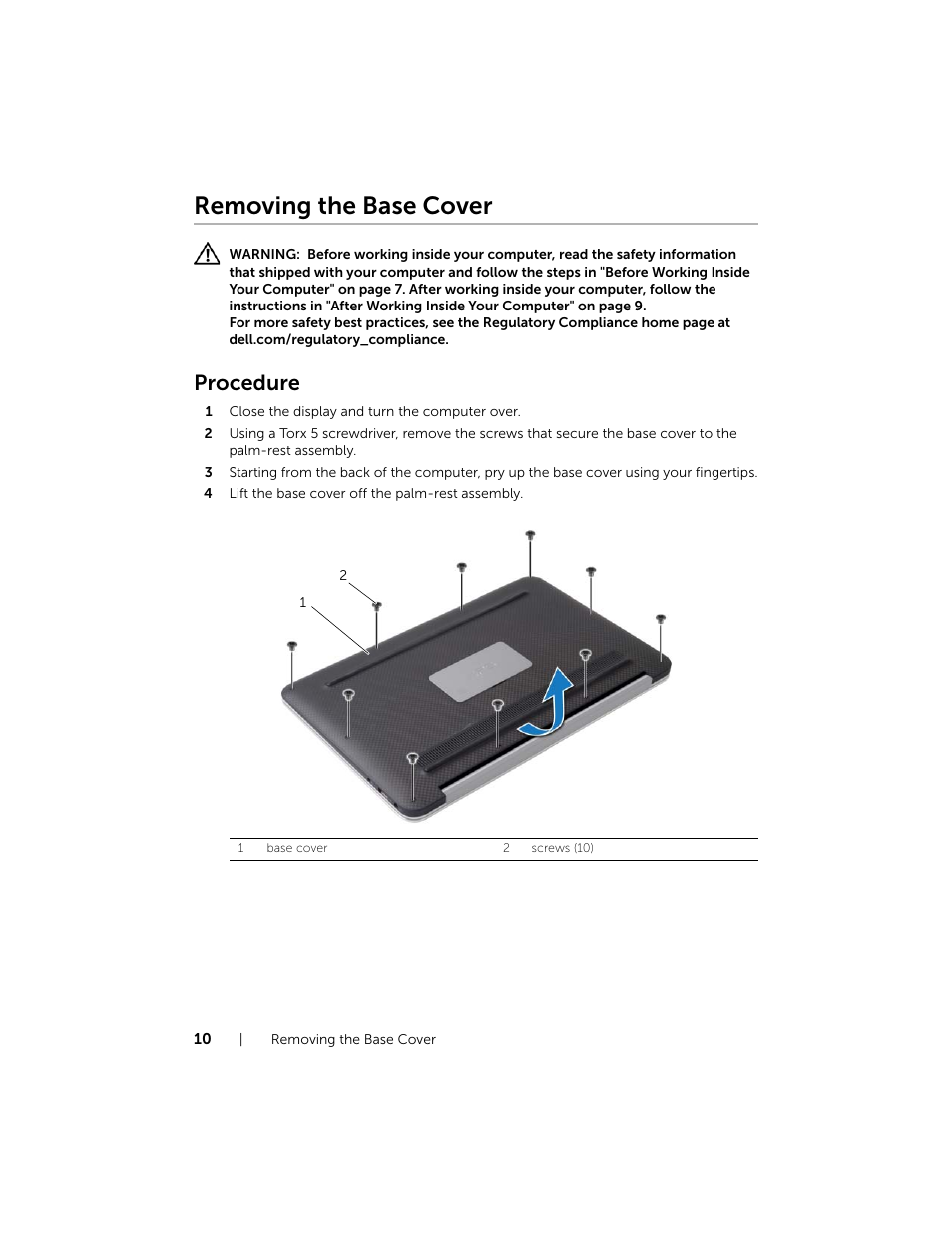 Removing the base cover, Procedure | Dell XPS 13 (9333, Late 2013) User Manual | Page 10 / 58